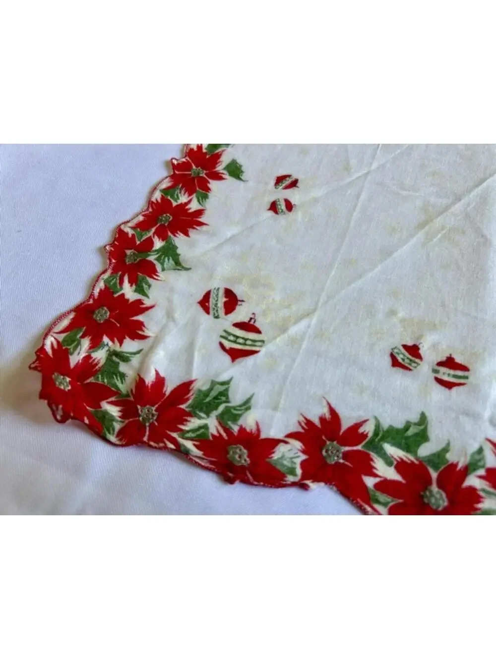 Vintage Christmas Holiday Tablecloth with Poinsettia and Ornament Design